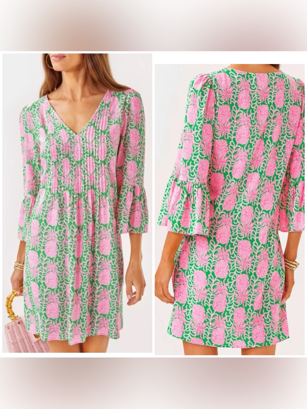 Lilly Pulitzer Danika Pineapple Print Green Pink Women’s Dress Size 4 Bell Sleev